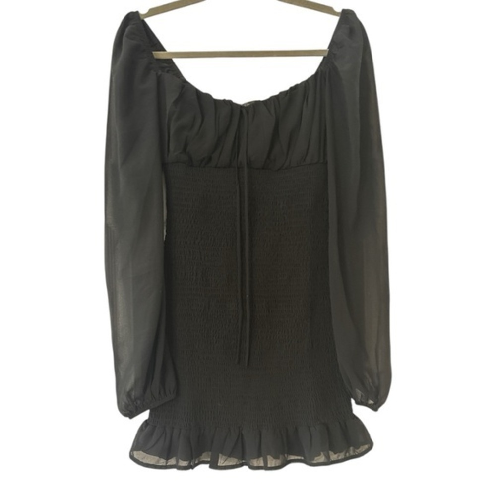 Blue Blush Milkmaid Smocked Long Sleeve Off Shoulder Mini Dress in Black Medium